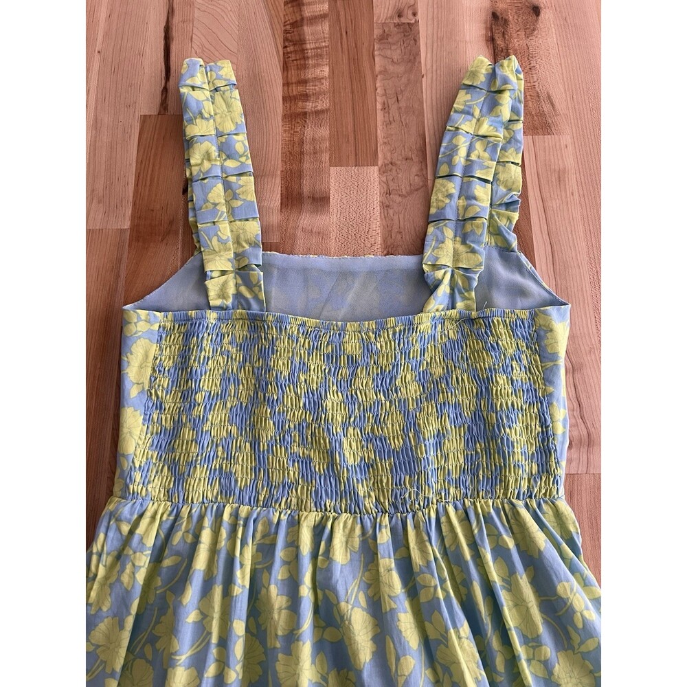 Avara Tiered Maxi Dress Pleated Straps Ruffles Smocked Boho Blue Floral S - Picture 5 of 12